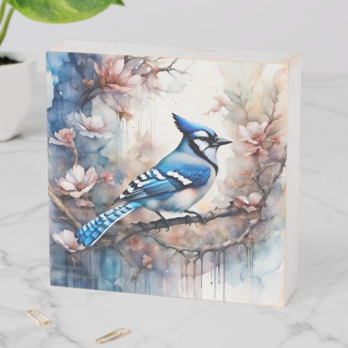 Blue Jay Cherry Blossoms watercolor Wooden Box Sign