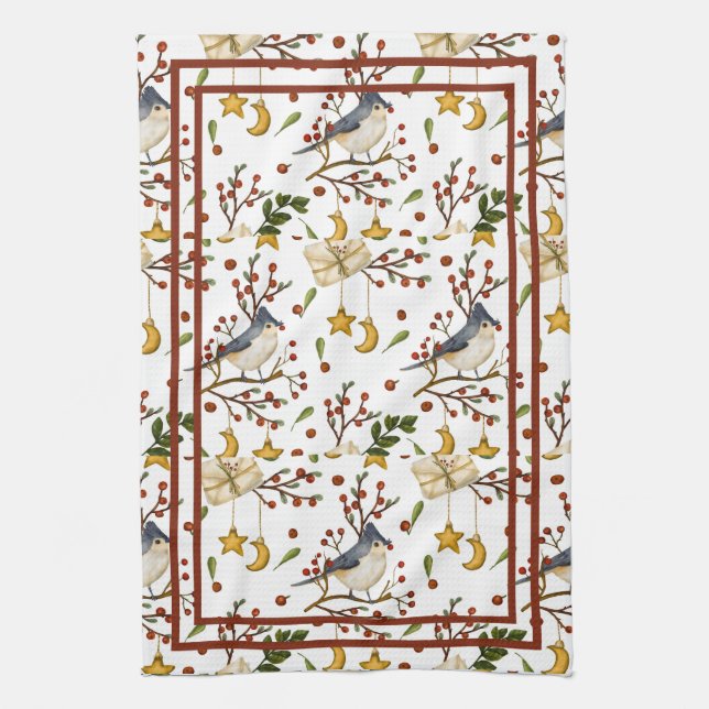 Blue Jay, Cookies, Red Berries,  Presents, Winter Kitchen Towel (Vertical)