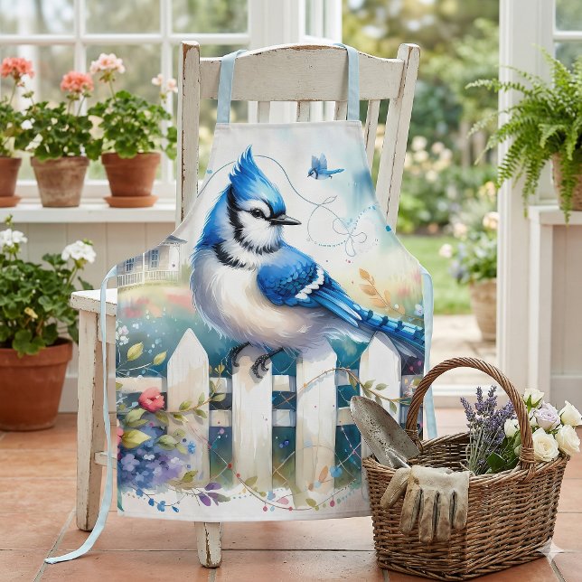Blue Jay Cottage Garden Fence Scene Apron (Blue Jay Cottage Garden Fence Scene Apron Hung Over Chair)