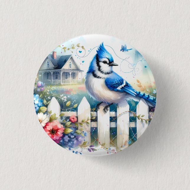 Blue Jay Cottage Garden Fence Scene Button (Front)