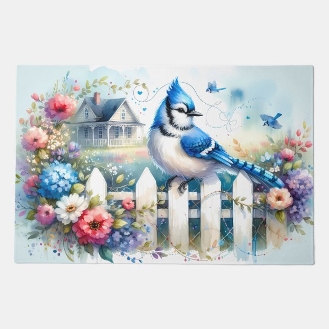 Blue Jay Cottage Garden Fence Scene Doormat (Front)