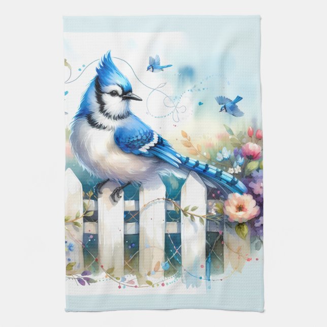 Blue Jay Cottage Garden Fence Scene Kitchen Towel (Vertical)