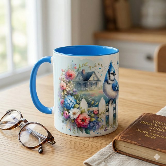 Blue Jay Cottage Garden Fence Scene Mug (Blue Jay Cottage Garden Fence Scene Mug On Kitchen Counter)