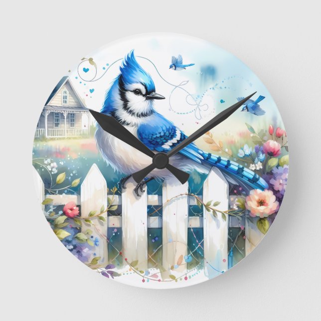 Blue Jay Cottage Garden Fence Scene Round Clock (Front)