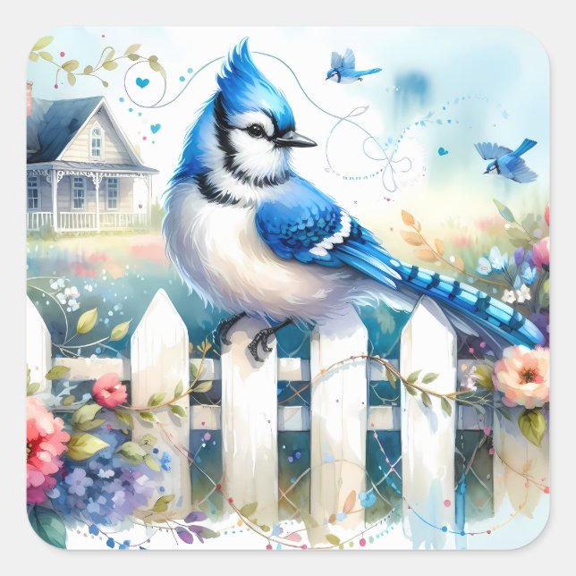 Blue Jay Cottage Garden Fence Scene Square Sticker (Front)