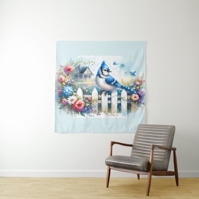 Blue Jay Cottage Garden Fence Scene Tapestry (In Situ)