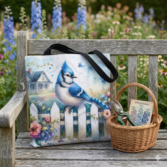 Blue Jay Cottage Garden Fence Scene Tote Bag (Blue Jay Cottage Garden Fence Scene Tote Bag On Weathered Wooden Bench)