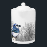 Blue Jay Drawing Teapot<br><div class="desc">A handsome blue jay perches against a wintry backdrop. Personalize with your own text.</div>