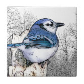 Pink Floral Blue Jay Bird Stained Glass Ceramic Tile