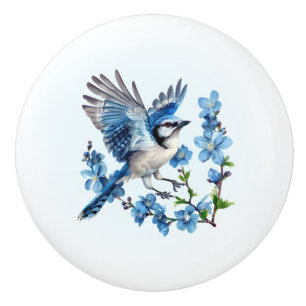 Blue Jay Floral Ceramic Knob
