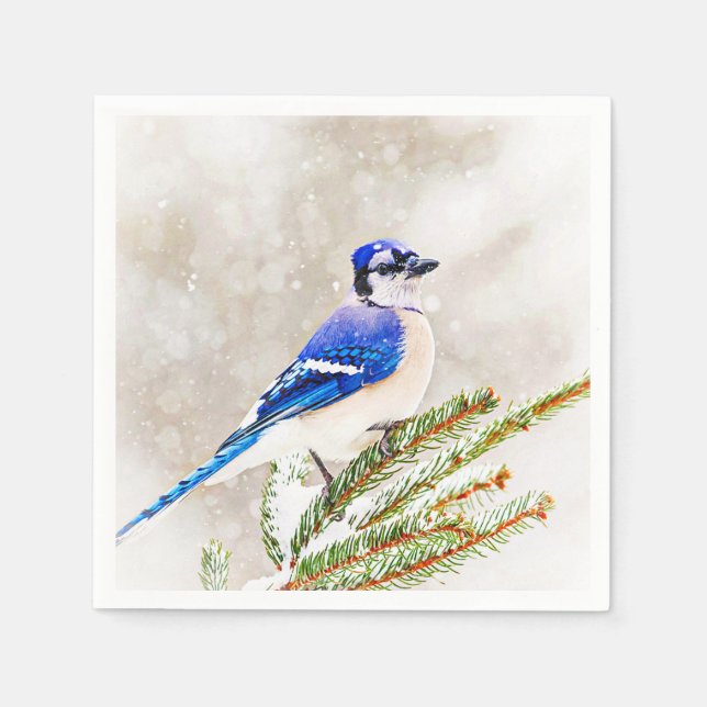 Blue jay in a pine tree with snow paper napkins (Front)
