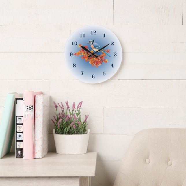 Blue Jay in Fall Colors Large Clock (Reading Room)