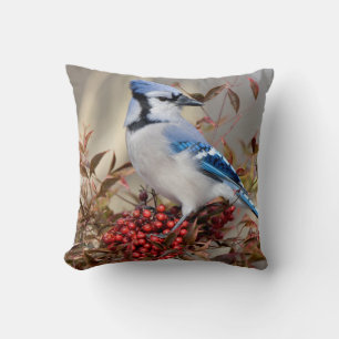 Blue Jay in Nandina Heavenly Bamboo Throw Pillow
