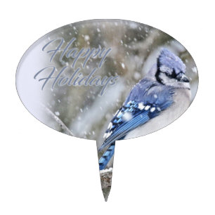 Blue Jay in Snow Christmas Holiday Cake Topper