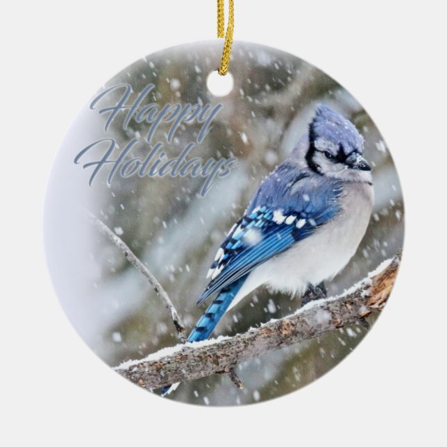 Blue Jay in Snow Christmas Holiday Ceramic Ornament (Front)