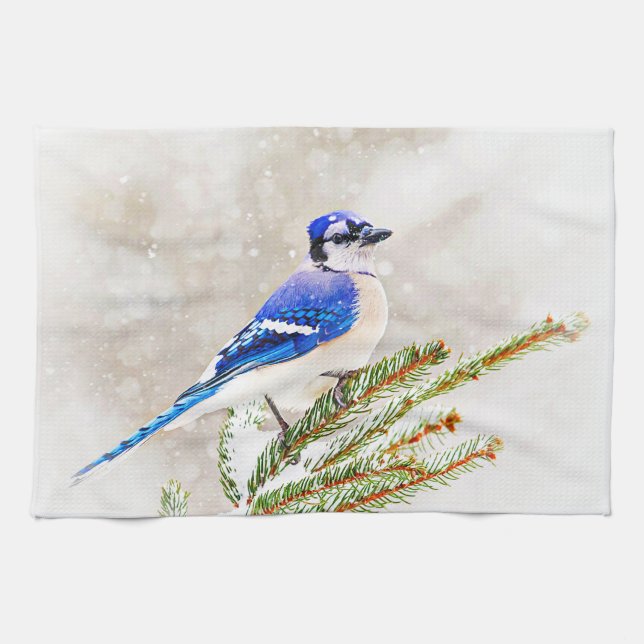 Blue Jay in Winter Kitchen Towel (Horizontal)