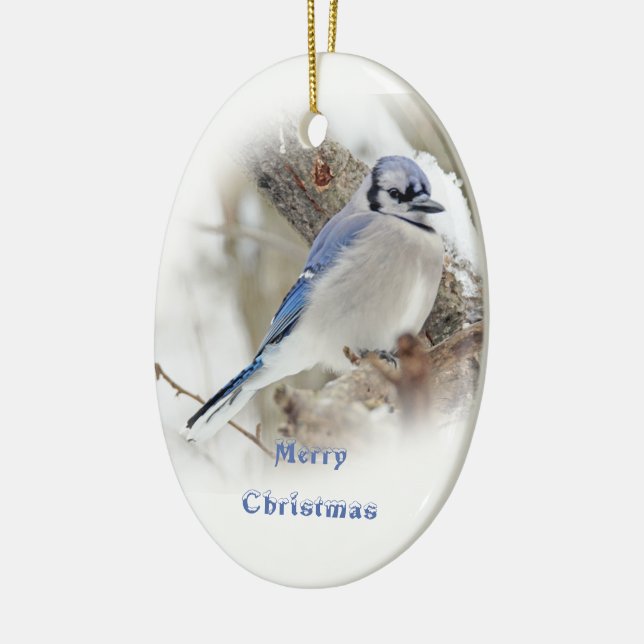 Blue Jay in Winter Snow Ceramic Ornament (Left)