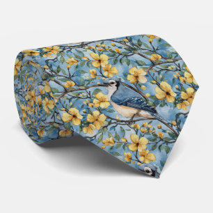 Blue Jay In Yellow Blossoms Neck Tie
