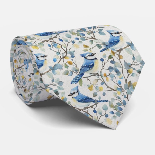 Blue Jay In Yellow Blossoms Neck Tie (Rolled)
