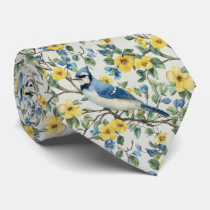Blue Jay In Yellow Blossoms Neck Tie