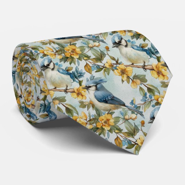 Blue Jay In Yellow Blossoms Neck Tie (Rolled)