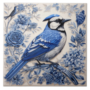 Blue Jay Inspired Bird with Blue Blossoms Ceramic Tile