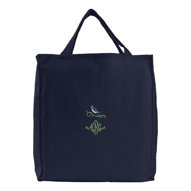 Blue Jay Monogram Embroidered Tote Bag (Front)