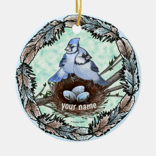 Blue Jay Nest custom name Ceramic Ornament