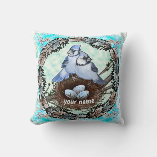 Blue Jay Nest  Throw Pillow