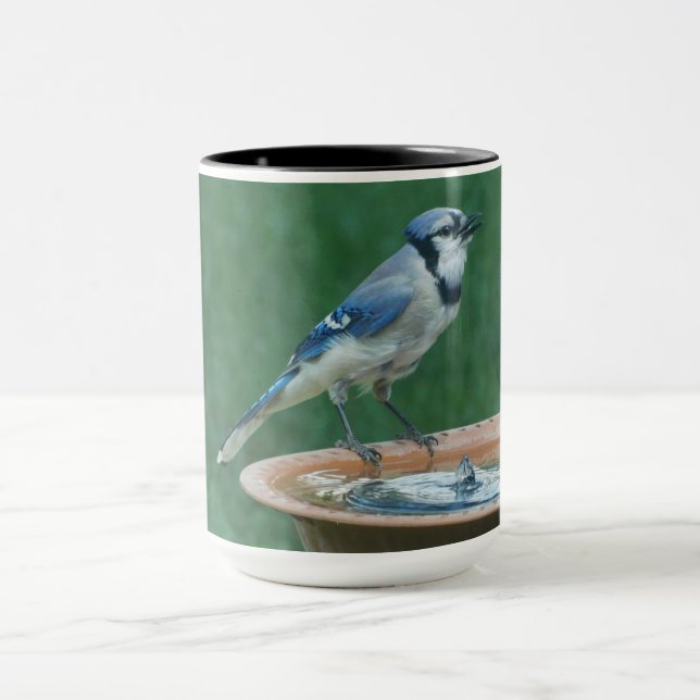 Blue Jay on Bird Bath Bird Photography 15oz Coffee Mug (Center)