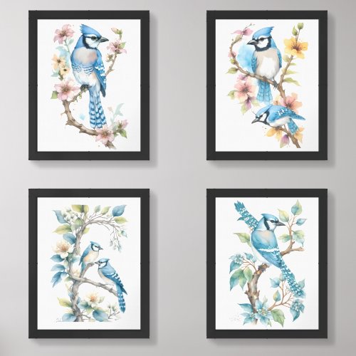 Blue Jay on Branch of Black_eyed Susan 4_ Wall Art Sets