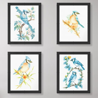Blue Jay on Branch of California Poppy 4- Wall Art Sets