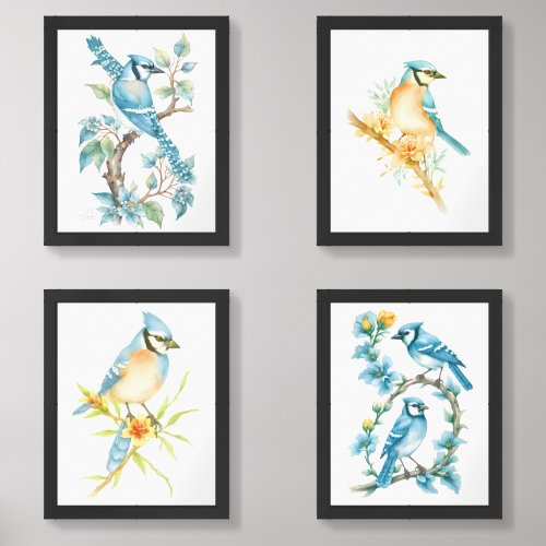 Blue Jay on Branch of California Poppy 4_ Wall Art Sets