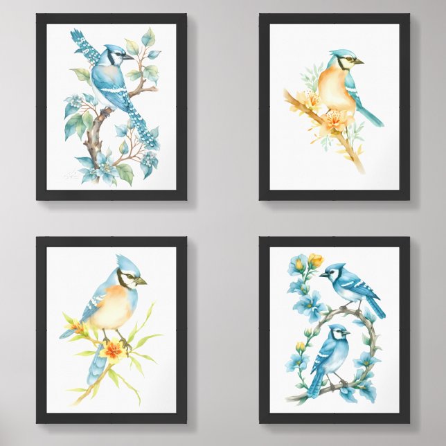 Blue Jay on Branch of California Poppy 4- Wall Art Sets (Front)