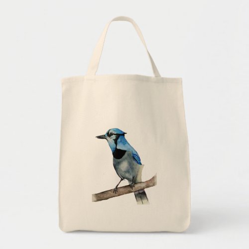 Blue Jay on Branch Watercolor Painting Tote Bag
