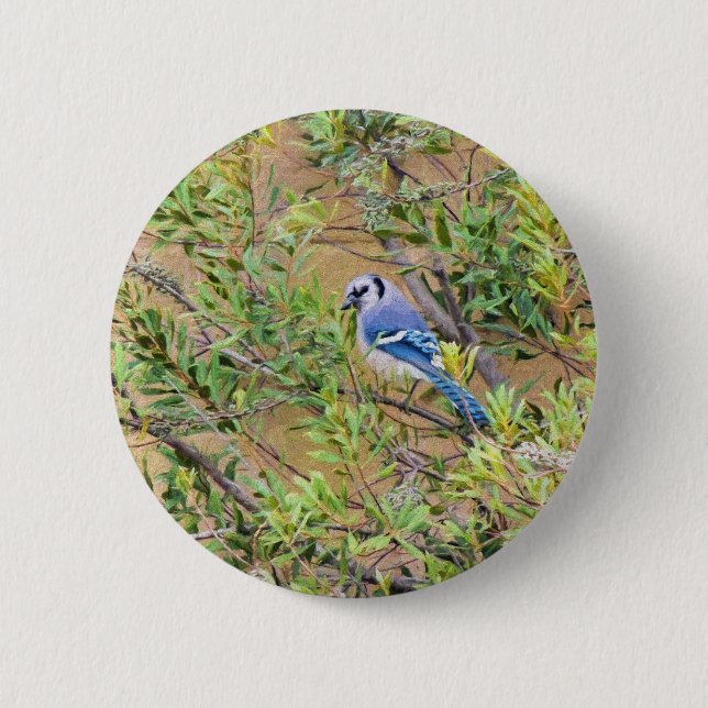 Blue Jay on Southern Wax Myrtle Pinback Button (Front)