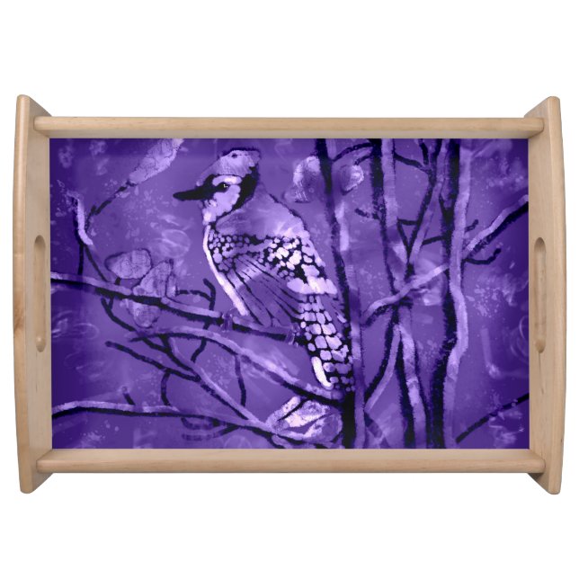 Blue Jay on Tree Branches Abstract Art Purple Serving Tray (Front)