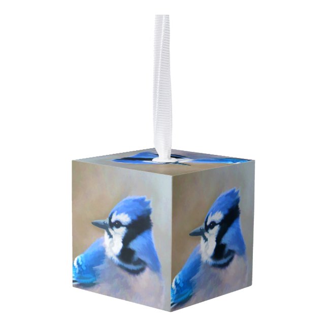 Blue Jay Painting - Original Bird Art Cube Ornament (Back Angled)