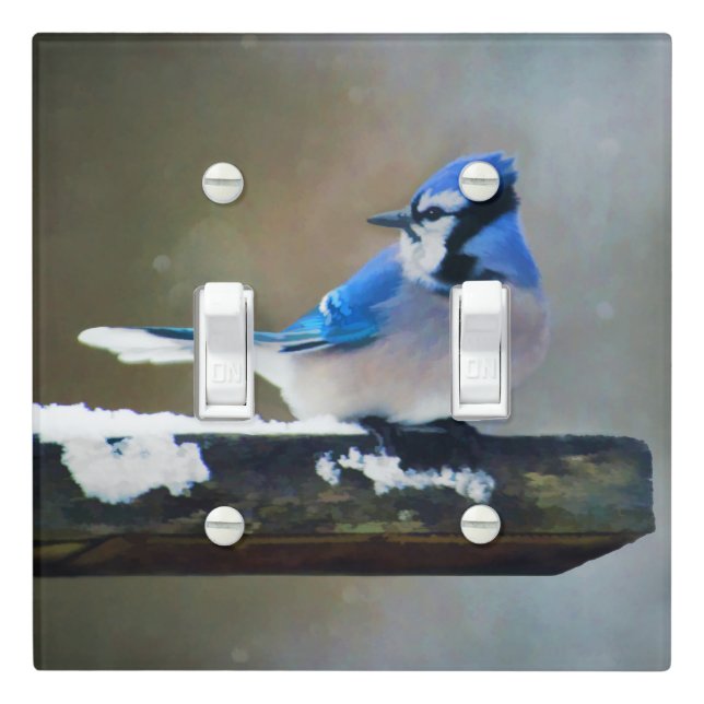 Blue Jay Painting - Original Bird Art Light Switch Cover (In Situ)