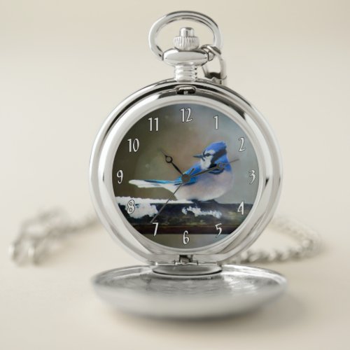 Blue Jay Painting _ Original Bird Art Pocket Watch