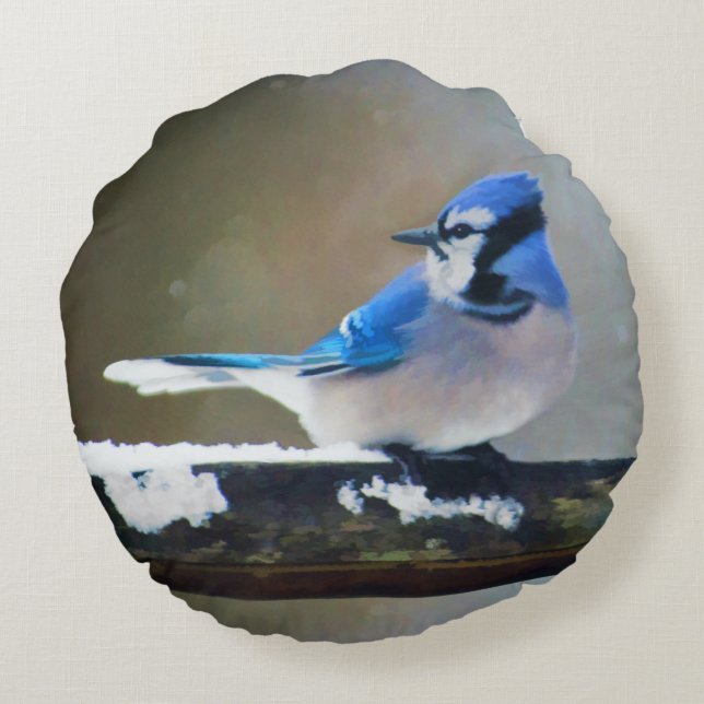 Blue Jay Painting - Original Bird Art Round Pillow (Back)