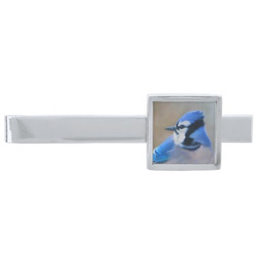 Blue Jay Painting _ Original Bird Art Silver Finish Tie Bar
