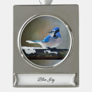 Blue Jay Painting - Original Bird Art Silver Plated Banner Ornament