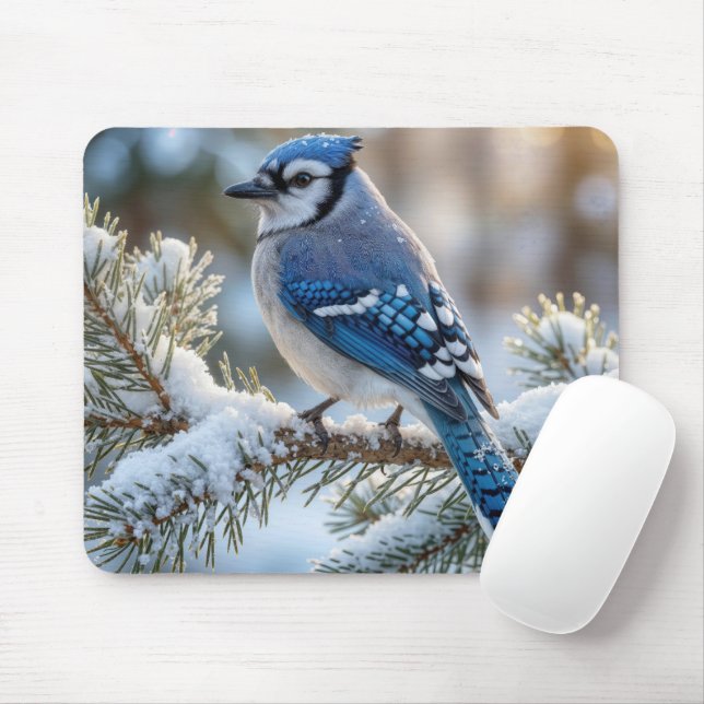 Blue Jay Perched On a Snowy Pine  Mouse Pad (With Mouse)