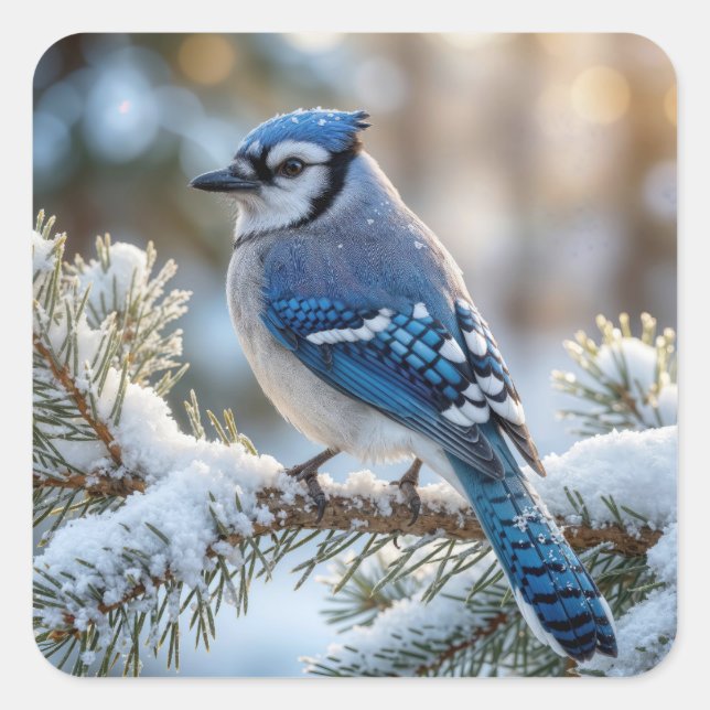 Blue Jay Perched On a Snowy Pine  Square Sticker (Front)