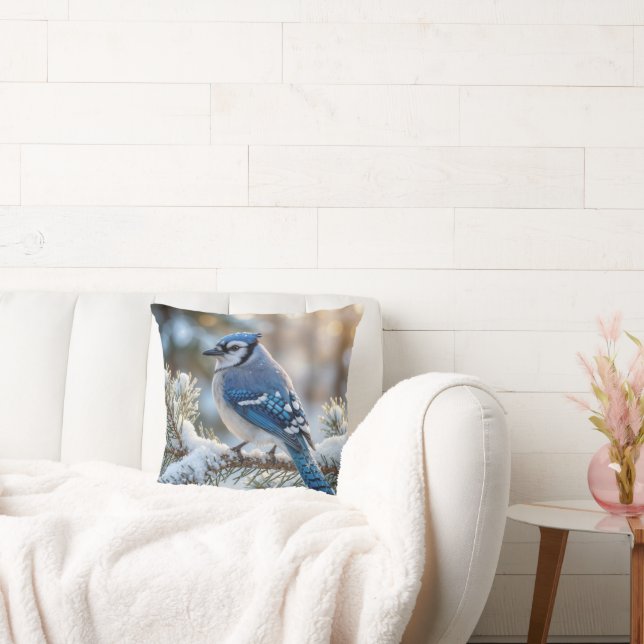Blue Jay Perched On a Snowy Pine  Throw Pillow (Couch)