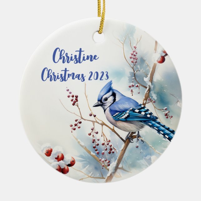 Blue jay Personalized Christmas Ornament (Front)
