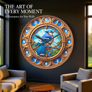 Blue Jay Stained Glass Heritage Large Clock