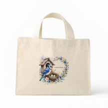 Blue Jay Tote on Birdhouse - Floral Illustration 