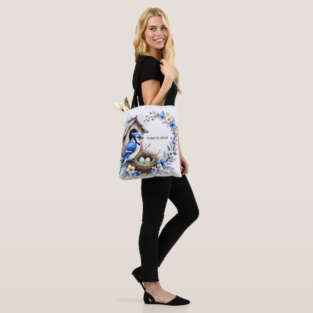 Blue Jay Tote on Birdhouse - Floral Illustration  (On Model)